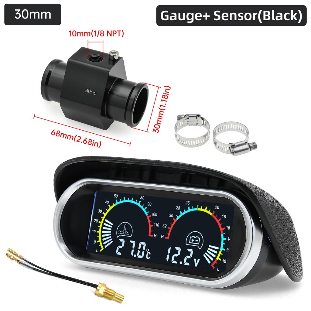 2 In 1 Water Temp Gauge Voltmeter With 1/8 NPT Temperature Sensor With Adapter (Option) Volt Voltage Meter For Car Truck 12V 24V