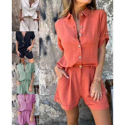Baumwoll- und Leinenanzug Kurzarm-T-Shirt und Shorts 2-teiliges Set Lässiger Damen-Strandanzug
