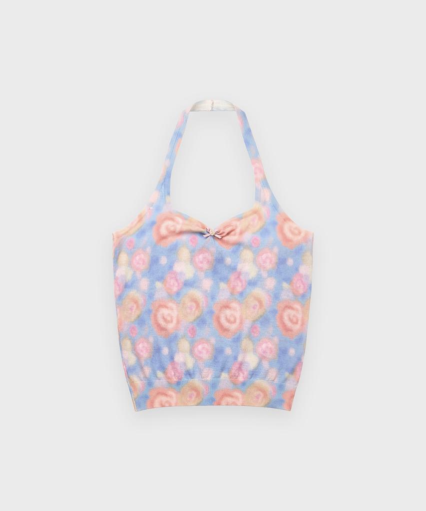 SINOON Rose Floral Knit Halter Top (Blue)
