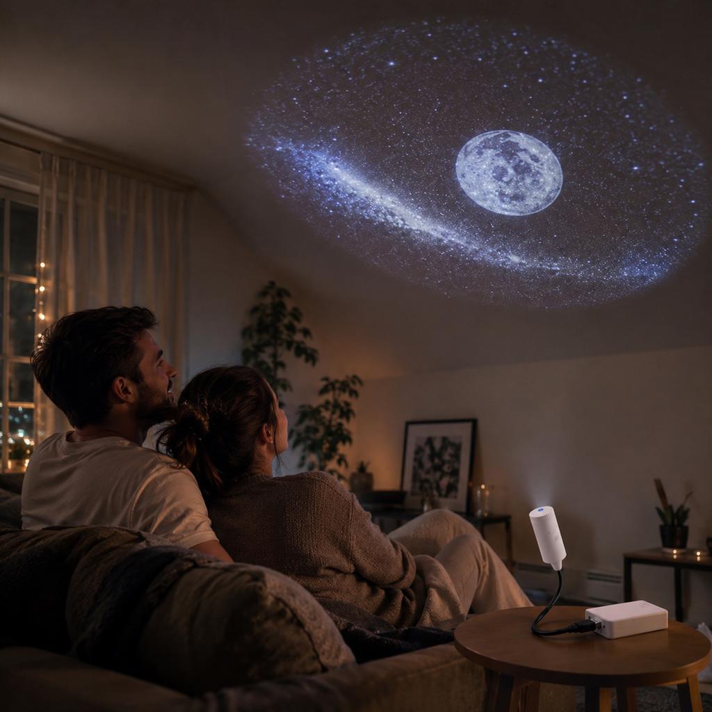 USB Projection Night Light with Replaceable Film Slides - Planet Moon Theme for Car and Home Decorative Ambient Lighting