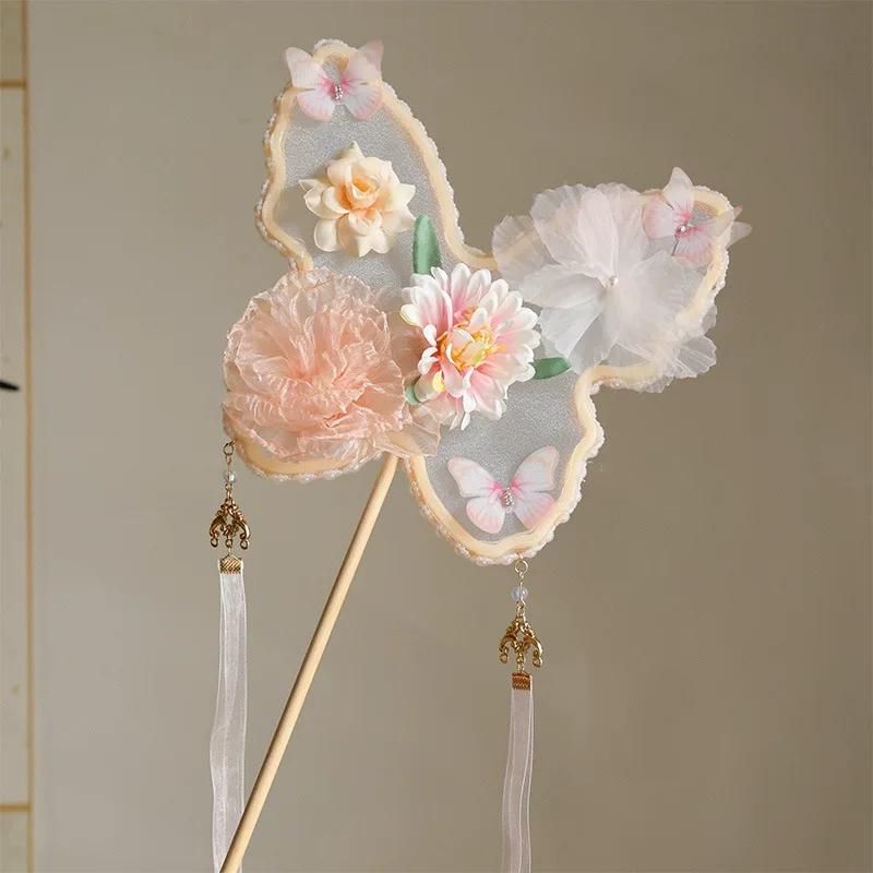 Butterfly Silk Flower Fan, Irregular-Shaped New Chinese-Style Tassel Classical Dance Fan, Ancient Style Photo Shoot Hanfu Fan, Children's Palace Fan