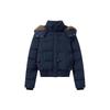 Winter versatile navy blue hooded fur collar short cotton-padded jacket women's new warm thickened polyester cotton-padded jacket