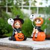 2pcs Halloween Pumpkin Witch Sister Figurines with Balloons, Resin Handheld Pumpkin Witch Girl Statue for Home Dining Table, Bookshelf Decor