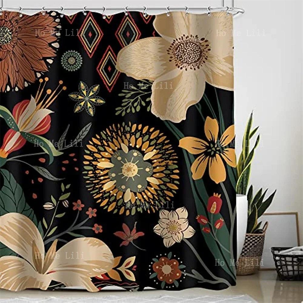 Abstract Bathroom Decor Shower Curtain With Retro Bohemian Flower Plants Mid-Century Modern Aesthetic