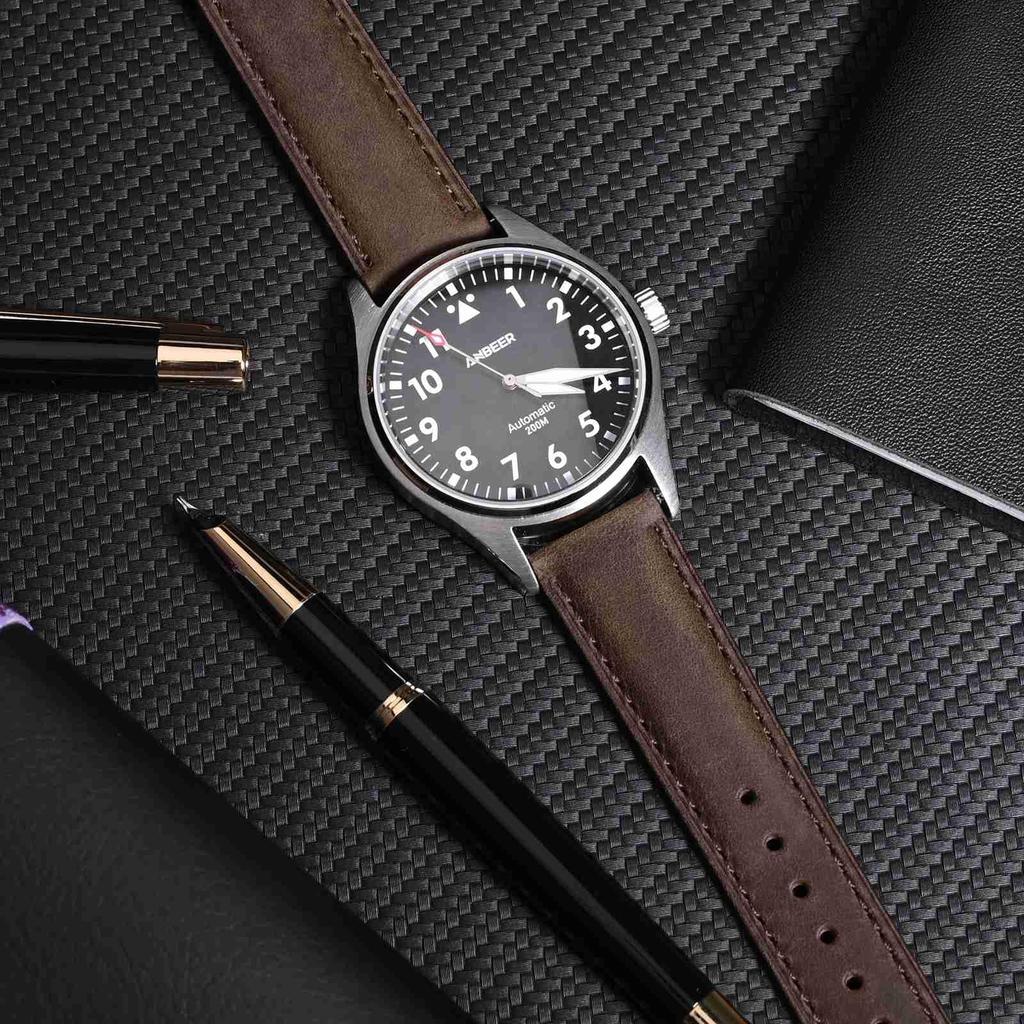 Anbeer 20mm Leather Watch Band with Quick Release Replacement Stainless Steel Black Brown and Black Buckle Buckle,