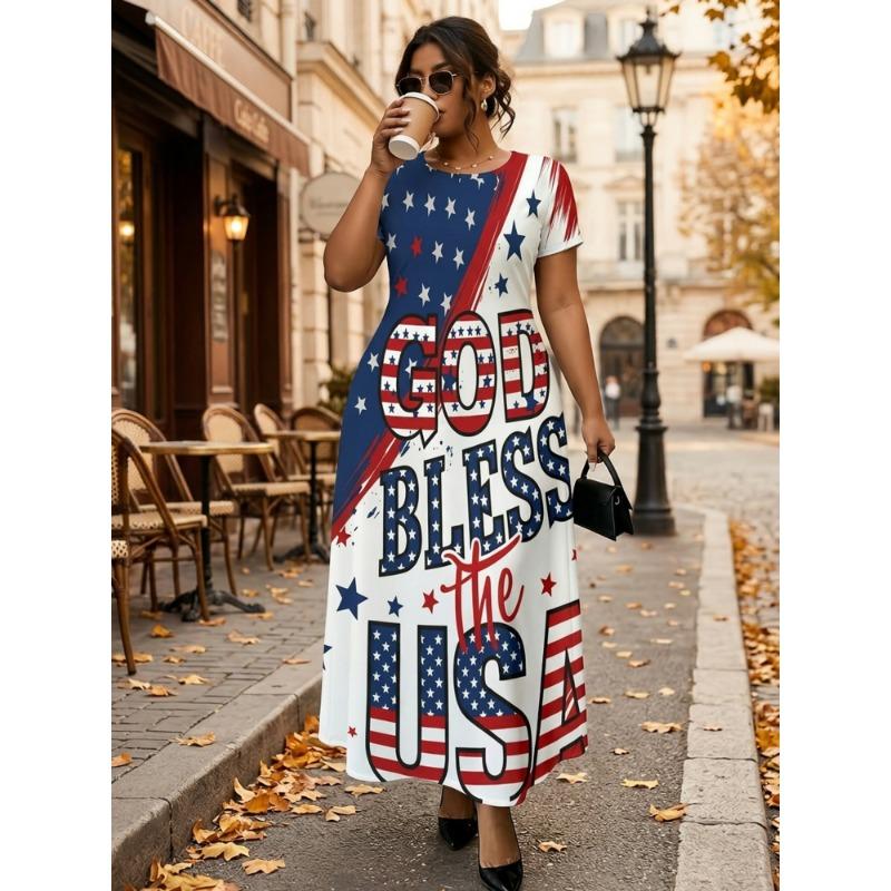 God Bless The USA Flag Print Plus Size Round Neck T Shirt Dress Red White Blue Casual Loose Fit Long Dress for Women Summer Outfit