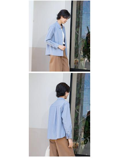 YUN Women's Casual Striped Cotton Long-Sleeve Shirt with Lapel