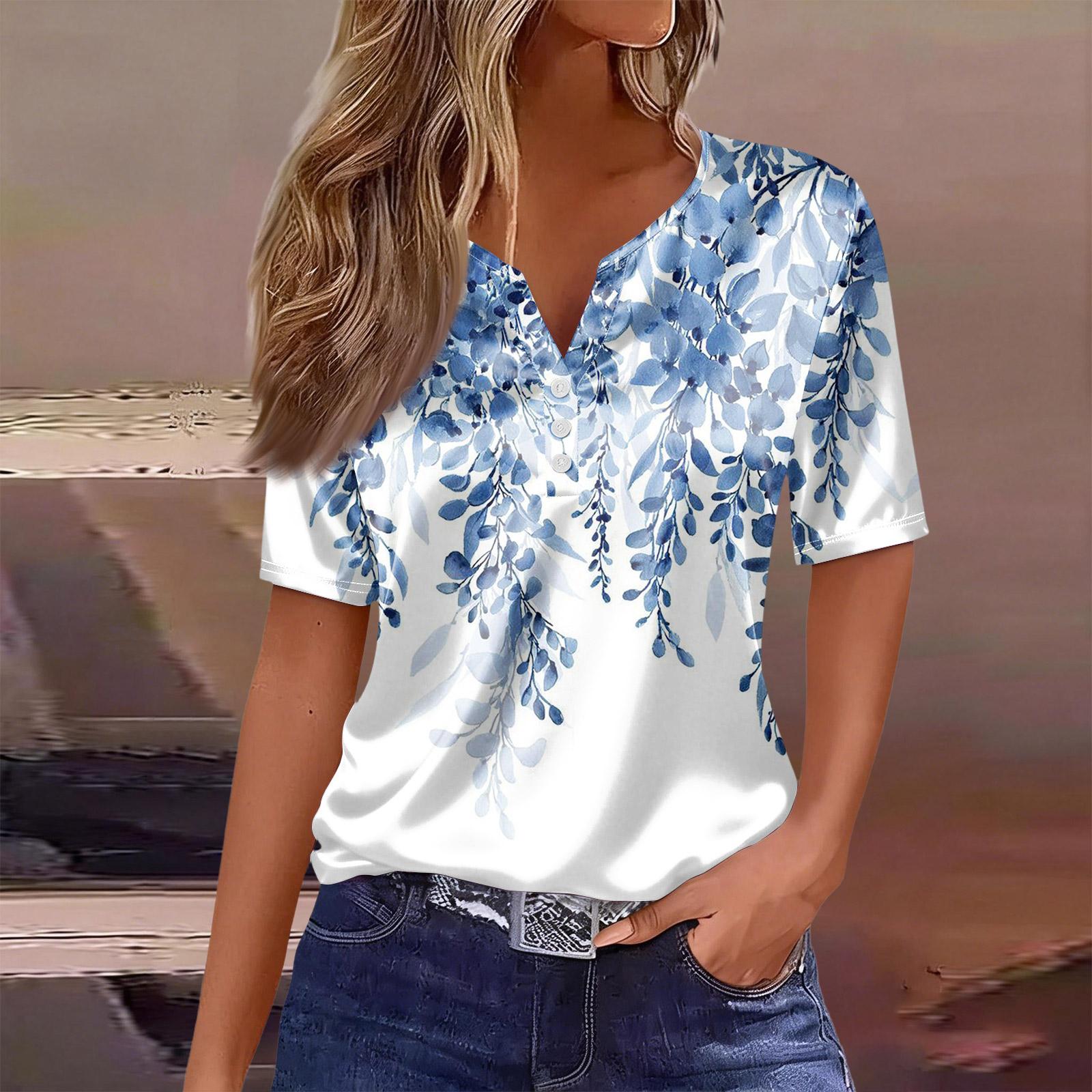 Женская Модная Повседневная Ретро Принт Воротник Короткий Рукав Пуговица Футболка Топ L белый