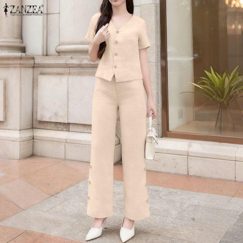 ZANZEA Women Short Sleeve Blouse and Pants Summer Two Piece Suit Sets