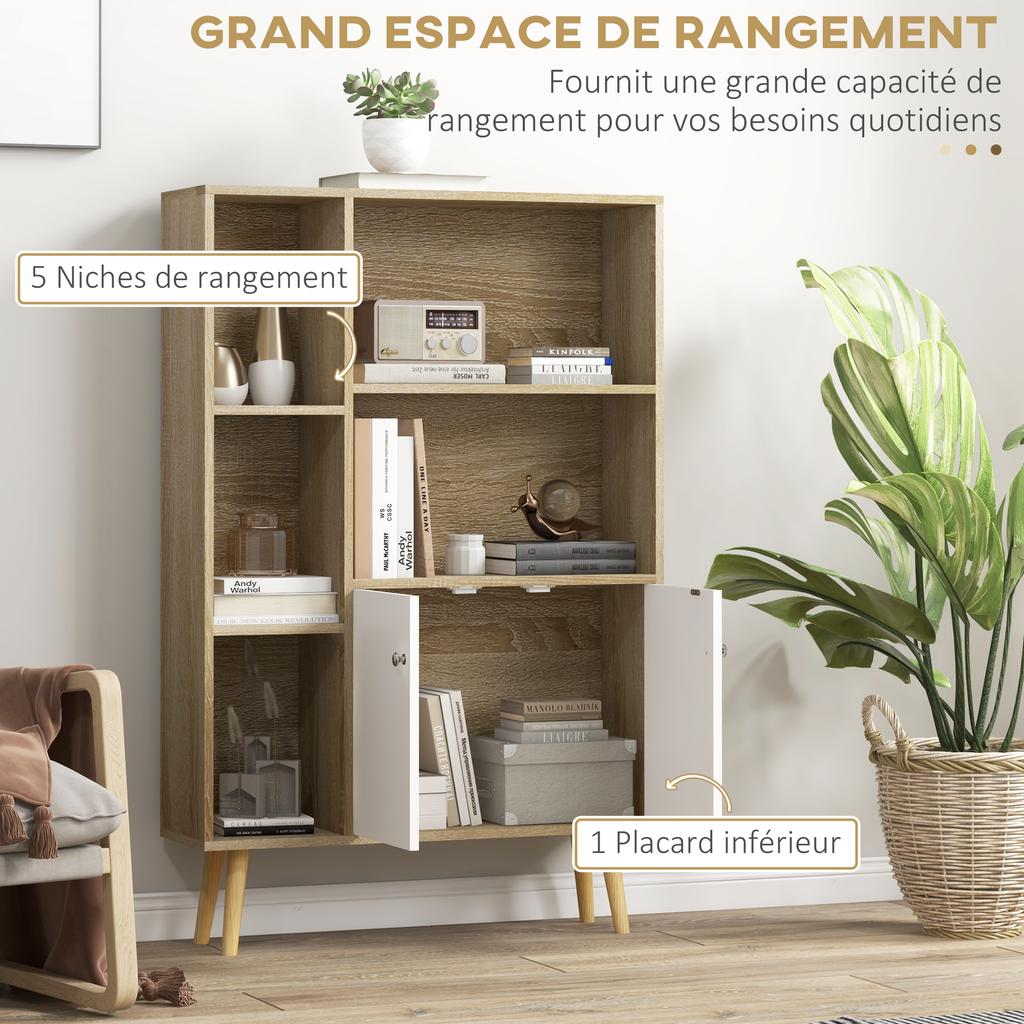 Scandinavian bookcase storage unit dim. 80L x 23.5W x 123H cm 5 open compartments 2-door cupboard tapered slanted legs
