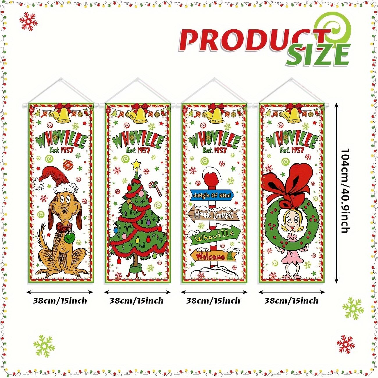 

4Pcs Christmas Decorations Welcome To Whoville Backdrop Outdoor Whoville Xmas Backdrop Decorations for Winter Holiday Indoor Out