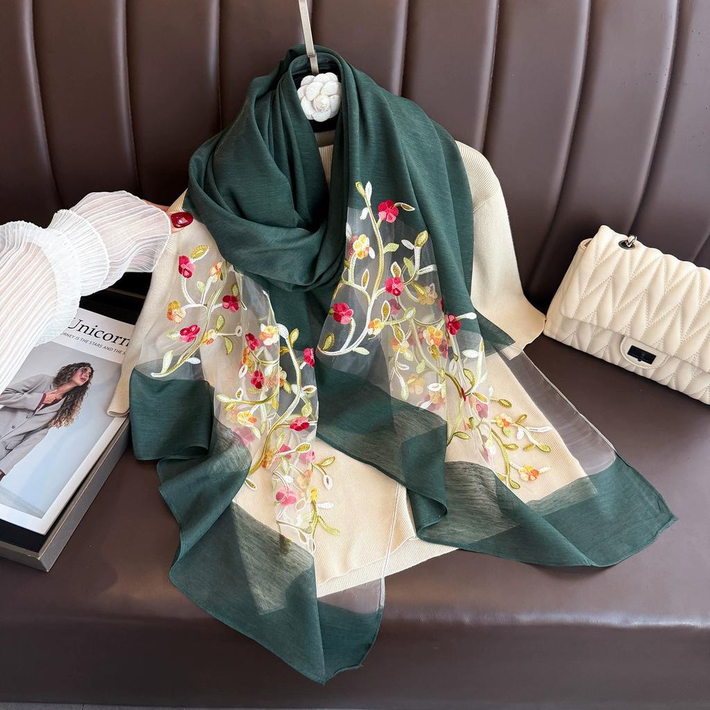 Elegant Soft Thin Luxury Silk Scarf Flower Embroidery Foulard Women Hijab Shawls Large Wraps Shiny Lace Scarf Female
