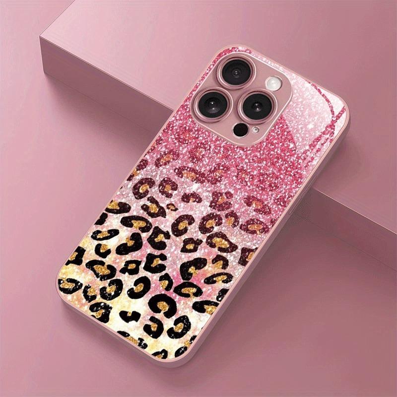 Třpytivý Gradientový Leopardí Vzor Růžová Metalická Barva Skleněné Pouzdro Na Telefon Pro iPhone 11 12 13 14 15 16 17 Pro Max Plus 17 Air 16E Kryt