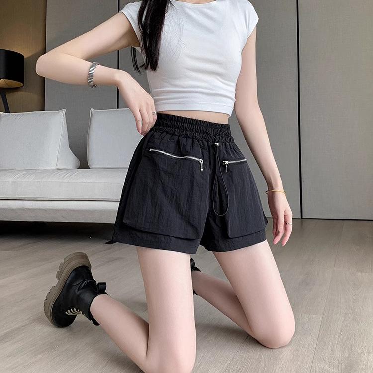 Women's High-Waisted Wide-Leg Casual Pants with Elastic Waist and Zippered Pocket - Summer Thin and Breathable Fabric.