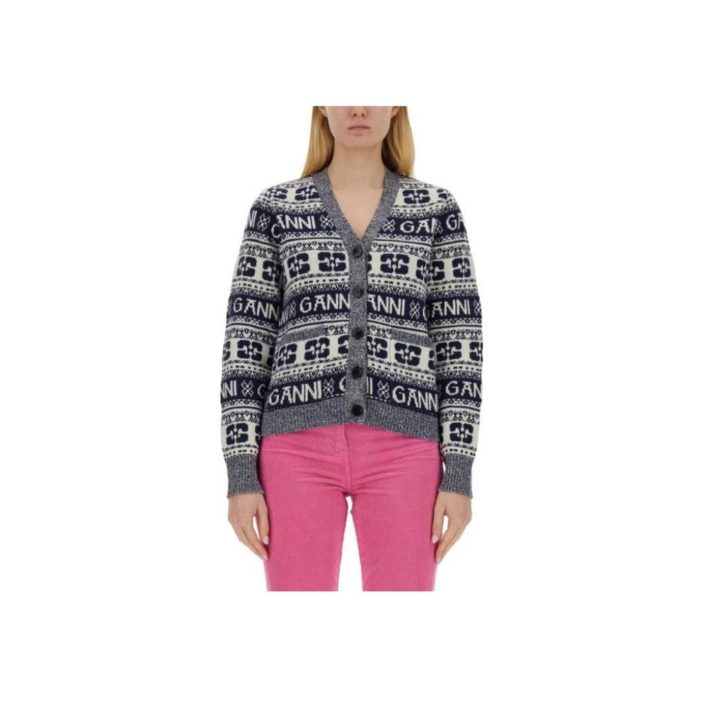GANNI Knitted Jacquard V-Neck Long Sleeve Button Sweater Women sweater Blue K2093-683