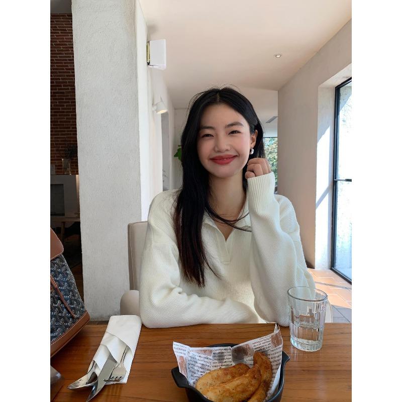 

Black polo neck sweater women s casual lazy wind loose v-neck pullover knitted top new in autumn and winter One size fits all [recommended 80-60kg]