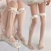 Women Sweet Summer Silky Thigh High Stocking Harajuku Lolita Ultra-Thin Transparent Lace Bow Ribbed Elastic Over Knee Long Socks