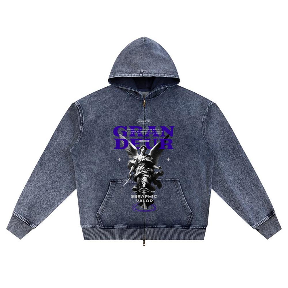 DTG Print Knitted Denim Zip-Up Hoodie Angel Streetwear Brother Print Zipper Hoodies  