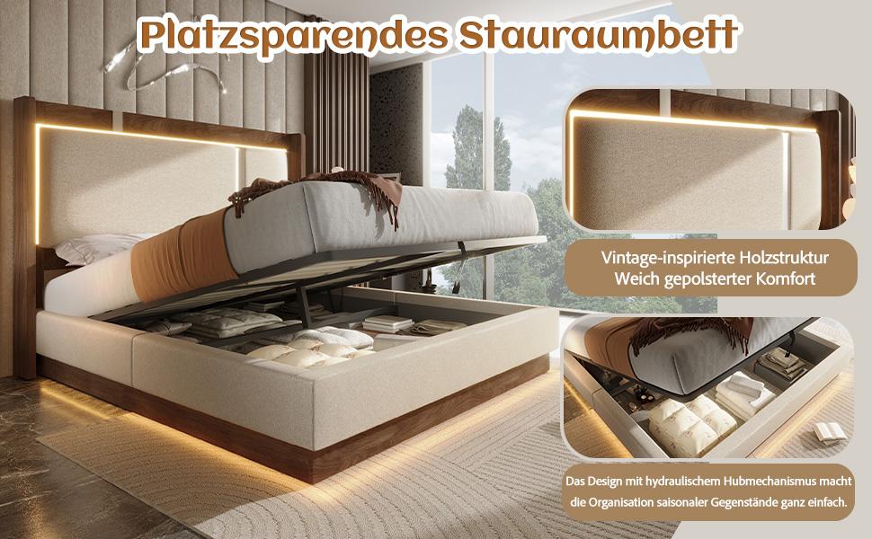 180x200 double bed upholstered bed with slatted frame, LED & storage bed, hydraulic, linen beige & walnut, without mattress