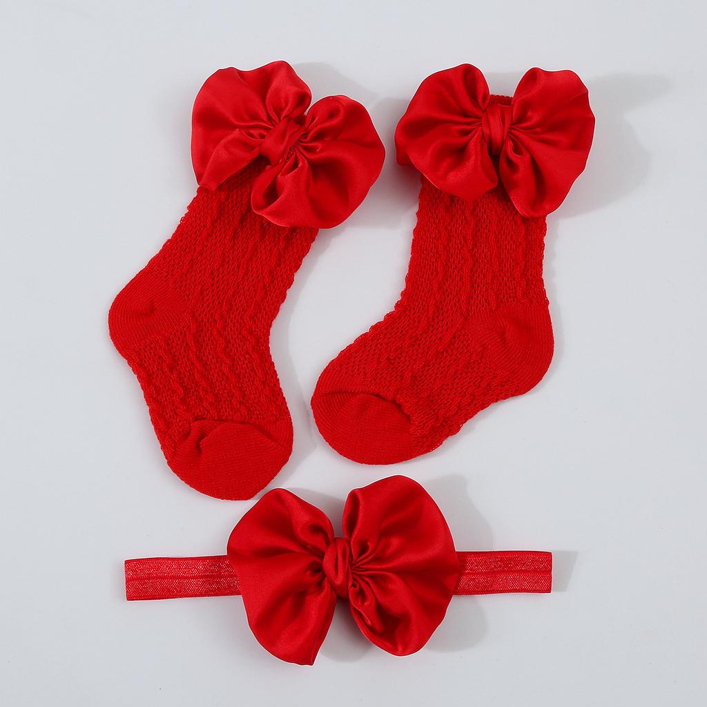 1Set Neugeborenen Big Bowknot Stirnbänder Aushöhlen Lange Socken Neue Baby Weiche Feste Prewalker Socke Mädchen Infant Gestrickte Haarband Socken