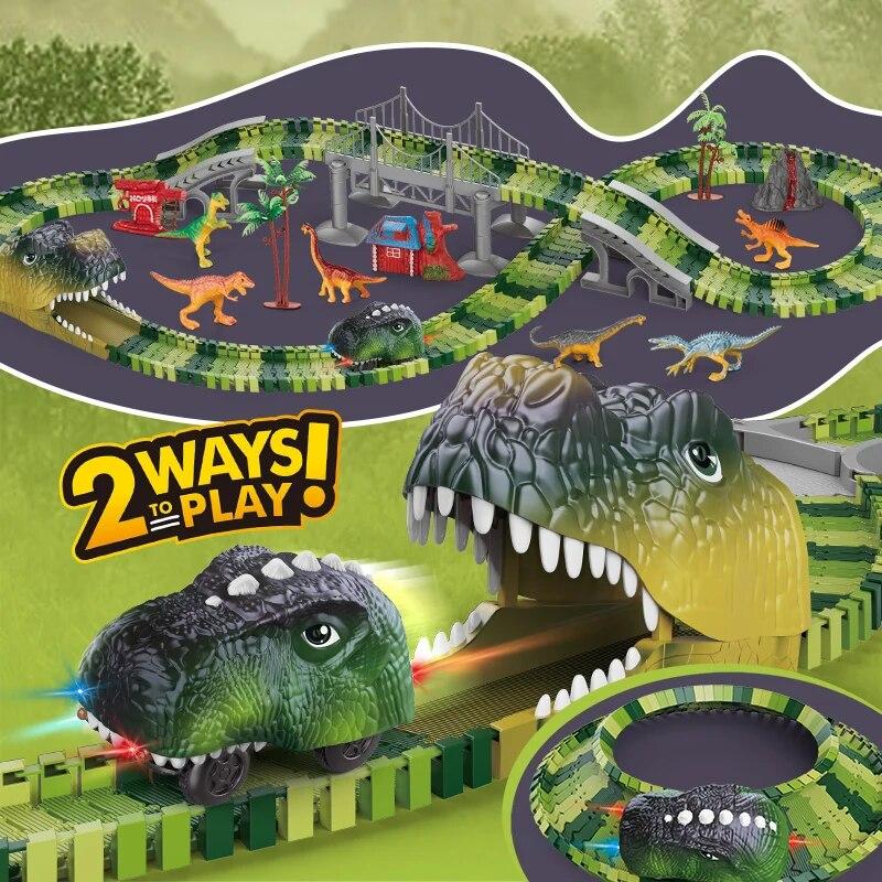 Non-Toxic Dinosaur Track Electric Dinosaur Car Mountain Road Rail Kids Puzzle Playful Toy Emit Light Children Christmas Birthday Gift