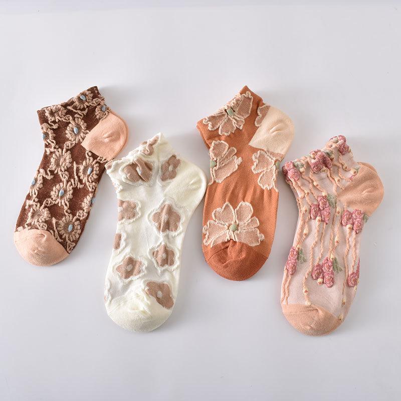 5/10 Pairs Women Three-dimensional Floral Printed Short Socks Fashionable Floral Sweet Sweat Absorbing Breathable Casual Socks
