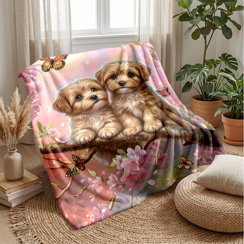 Puppies in Spring Blossoms Theme blanket Lightweight Warm Flannel Blanket Decorative Throw Blanket for Home Decoration