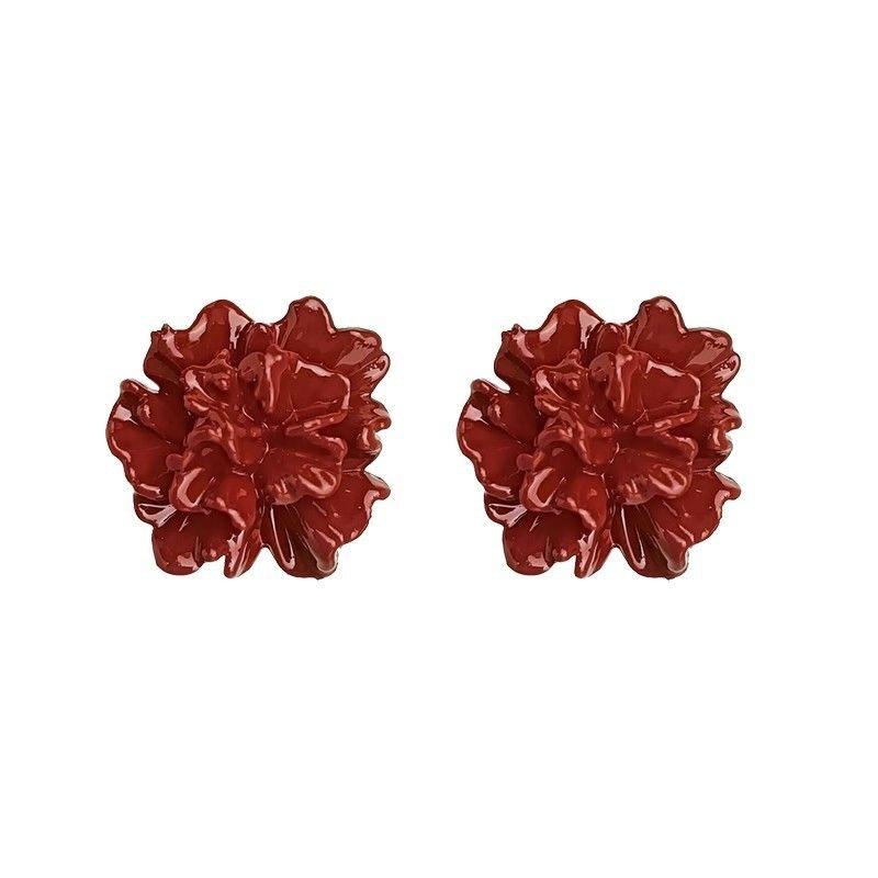 Ankola Red Camellia Stud Earrings Blue Three-dimensional Pleated Flower Earrings Fashionable and High-end New Popular Earrings