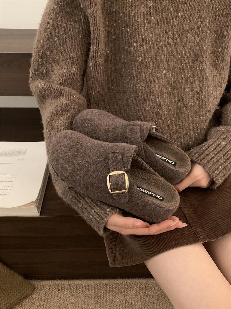 Inner Height Increase Gray Fluffy Shoes Women Wear New Thick-soled Birkenstocks with Velvet Bag Head and Half-drag Cotton Shoes In Autumn and Winter