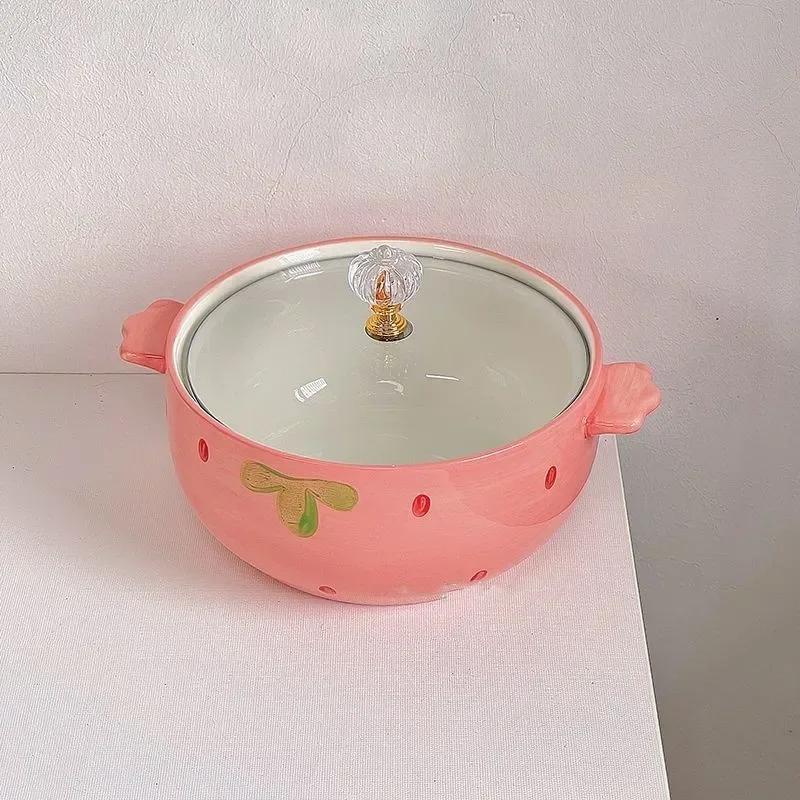 Strawberry ceramic instant noodle soup bowl cover soup bowl noodle bowl cute girl tableware set 850ML