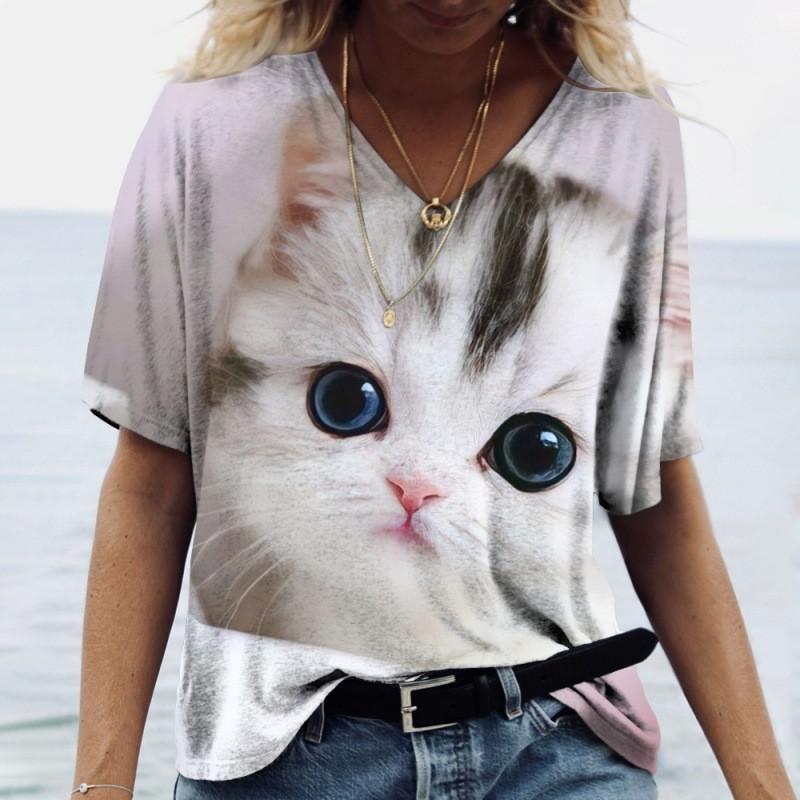 Summer V-neck 3D Kawaii Cat Printed Top Fashionable Casual Short Sleeved Women's T-shirts