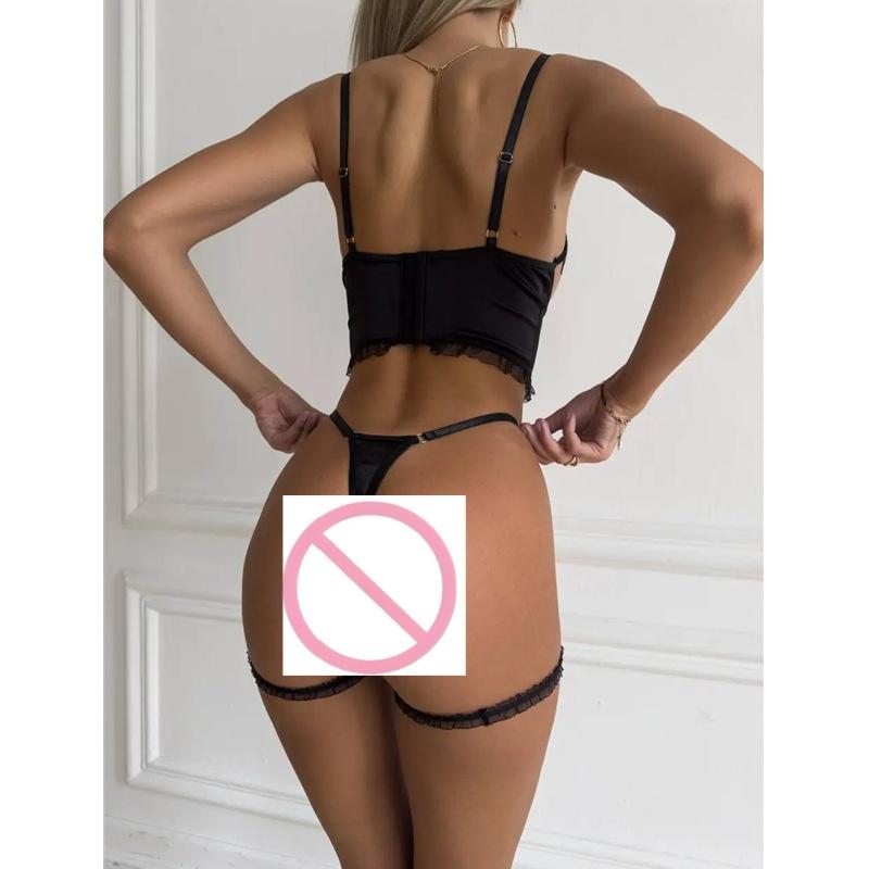 Women's Sexy Sheer Lace Bra & Panty Set Backless Bralette Transparent Hot Lingerie Embroidery Fashion Underwear Set for Women