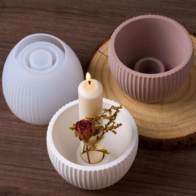 Round Stripe Candle Cup Silicone Mold DIY Candlestick Concrete Casting Molds Plaster Resin Flowerpot Craft Making Home Decor