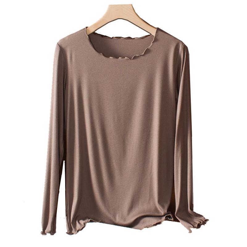 Women's Slim Fit Wood-Ear Trim Modal Long Sleeve T-Shirt, Round Neck, Plus Size, Spring/Autumn Versatile Top