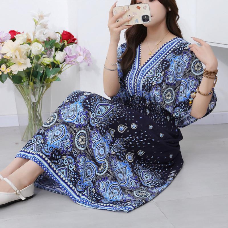 25th Anniversary Ethnic V-Neck Rayon Short Sleeve French-Thai Print Holiday Dress for Women