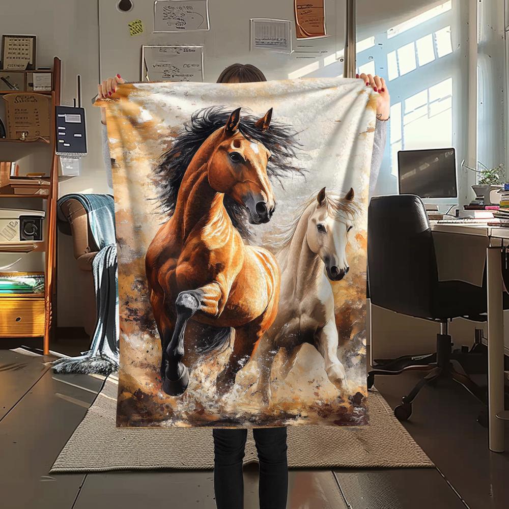 1Pc Horses Painting Print Flannel Blanket, High Quality Comfortable for All Seasons, Home Decor, Warmth and Comfort, Perfect for Christmas Gifts