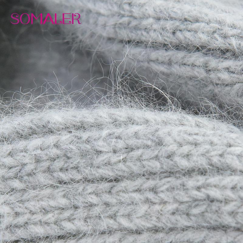 SOMALER Women's Autumn Winter Angora Knit Beanie Hat with Folded Cuff & Metal Badge Fashion Warm Cap 54-58cm