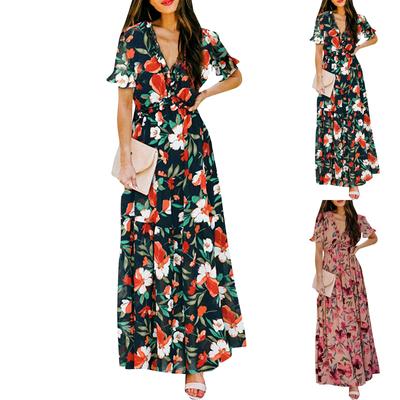 Damenkleid mit Blumenmuster, V-Ausschnitt, schmaler Taille, locker, kurzärmlig