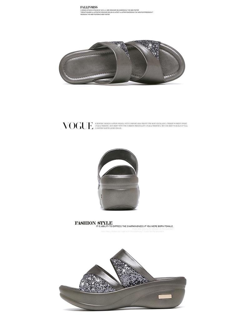 Size 43 Women's Sequin One-Strap Peep-Toe Wedge Heel Sandals, New 2022 Korean Style