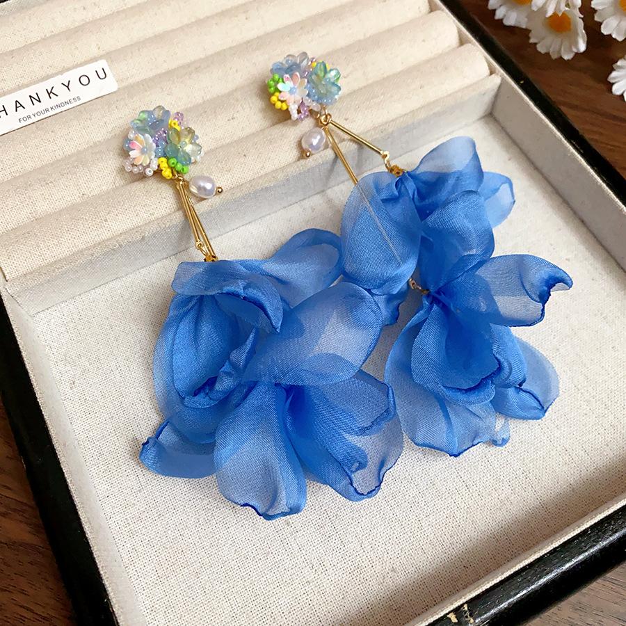 

Silver needle pearl glass rice bead chiffon flower fringed earrings holiday style fresh earrings niche high-end earrings women