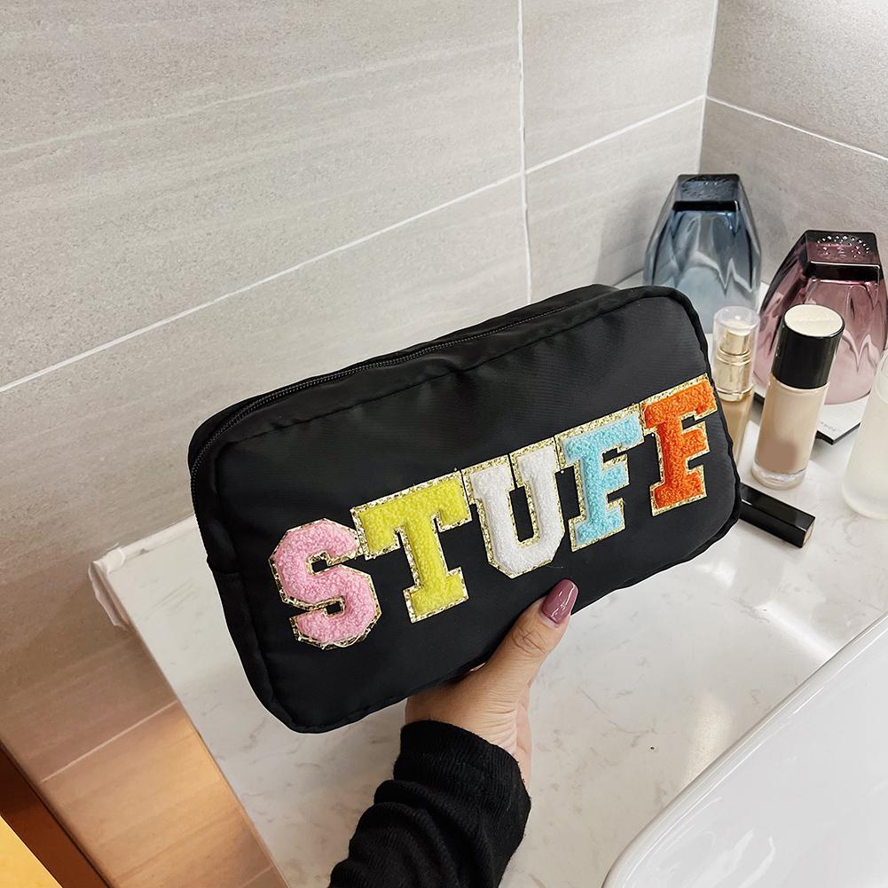Casual Toiletry Bag Embroidery Letter Patch Travel Organizer Portable Zipper Female Cosmetic Bag Waterproof Nylon for Lady Girls