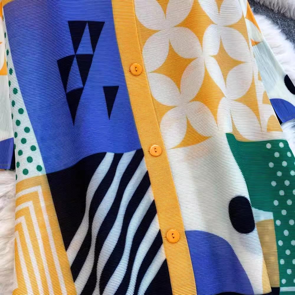 Autumn Spring Fashion Print Colorblock Oversized Loose Shirt Dresses Women's Single Breasted Draped Pleated Party Miyake Clothing