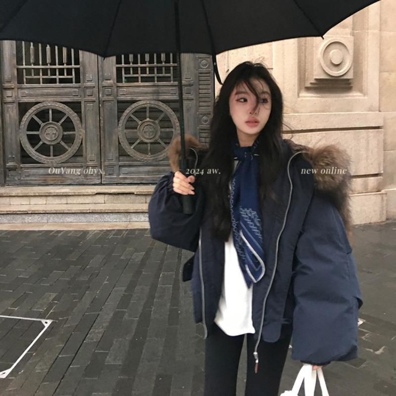 

New big fur collar hooded cotton clothes women s coat winter new horn buckle thickened warm cotton-padded clothes XL тёмно-синий