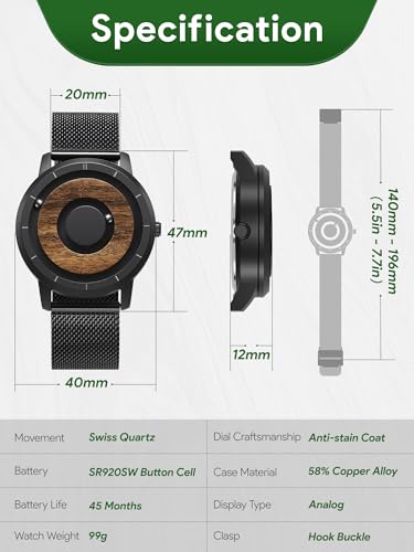 EUTOUR Men's Wooden Magnetic Watch, Fashionable Sports Quartz Watch with Black Dial and Black Stainless Steel Band, Mesh Strap