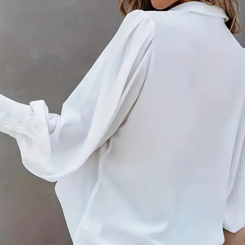 Plusstorlek S-3XL Dam Basic Blus Enfärgad Knäppning Laternärm Uppvikt Krage Blus Skjorta