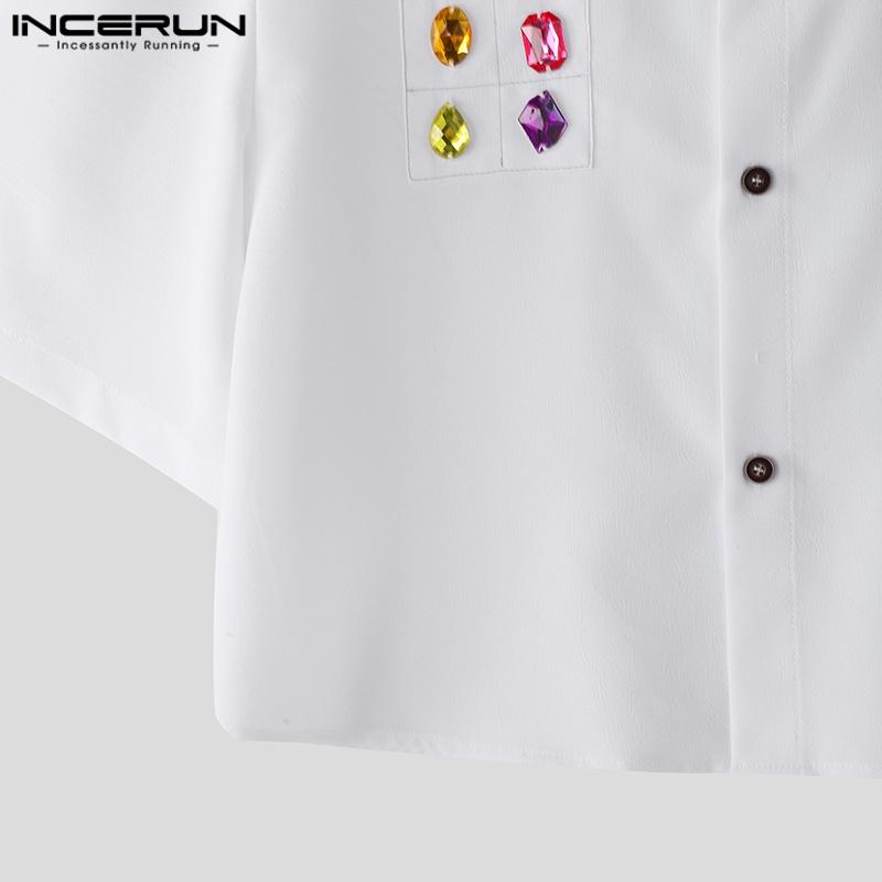INCERUN MenTurn Down Collar Short Sleeve Acrylic Diamonds Patchwork Loose Cropped Shirts