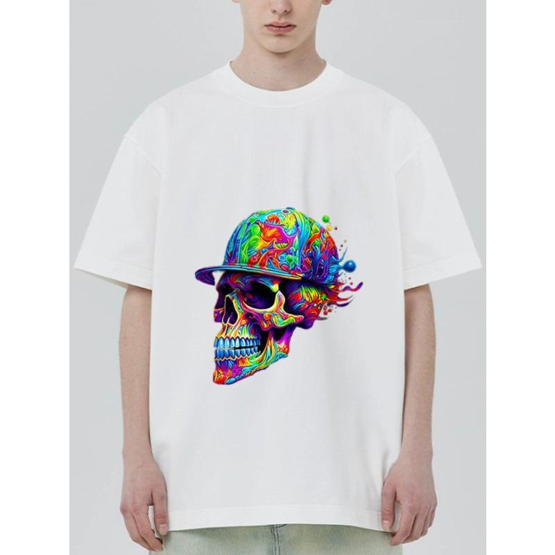 Farbenfroher Schädel mit Hut Grafik T-Shirt Schwarz Psychedelisches Kunstdesign für Freizeitkleidung Streetwear Fashion Statement Herren Damen Unisex Top