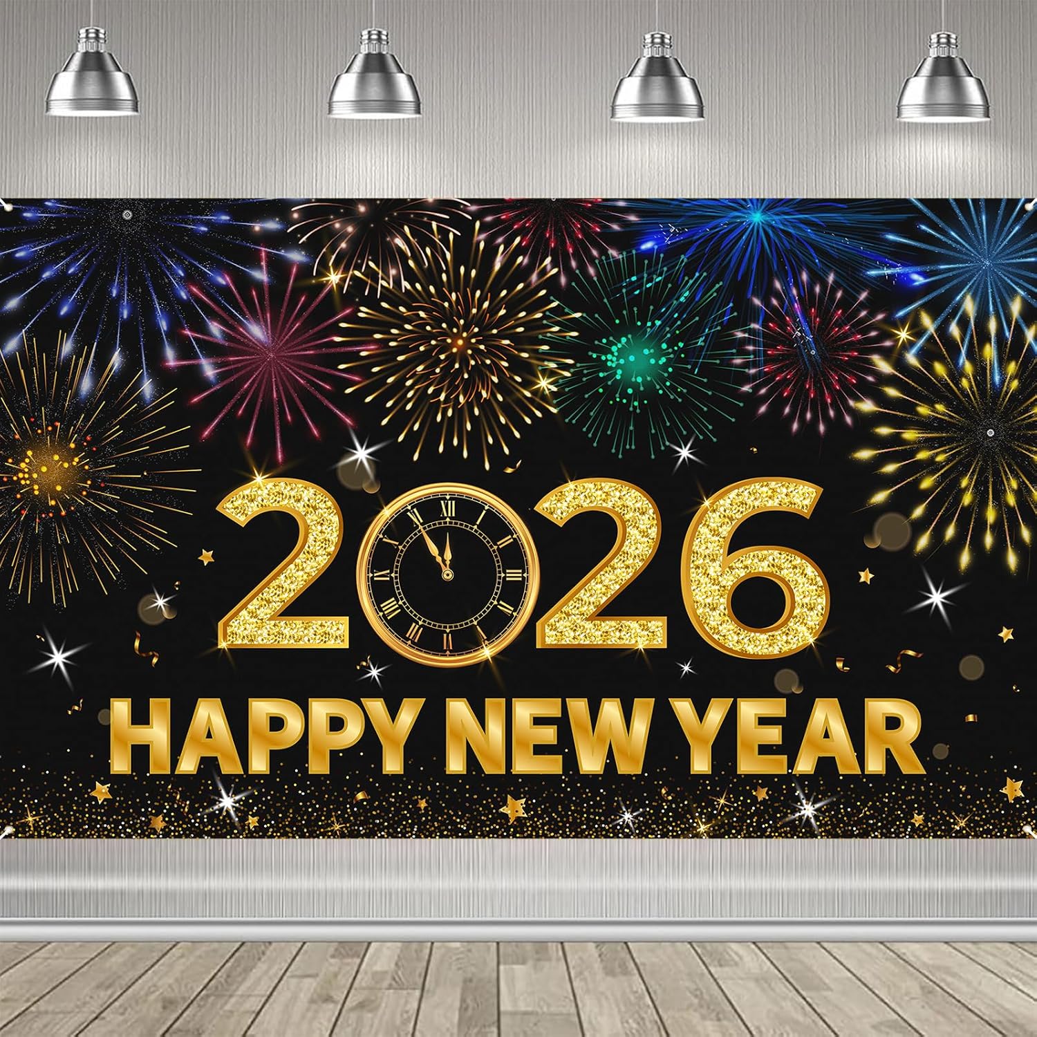 2026 Happy New Year Banner, 72x44 Inches - Golden Fabric New Year Backdrop for New Year s Eve Celebration