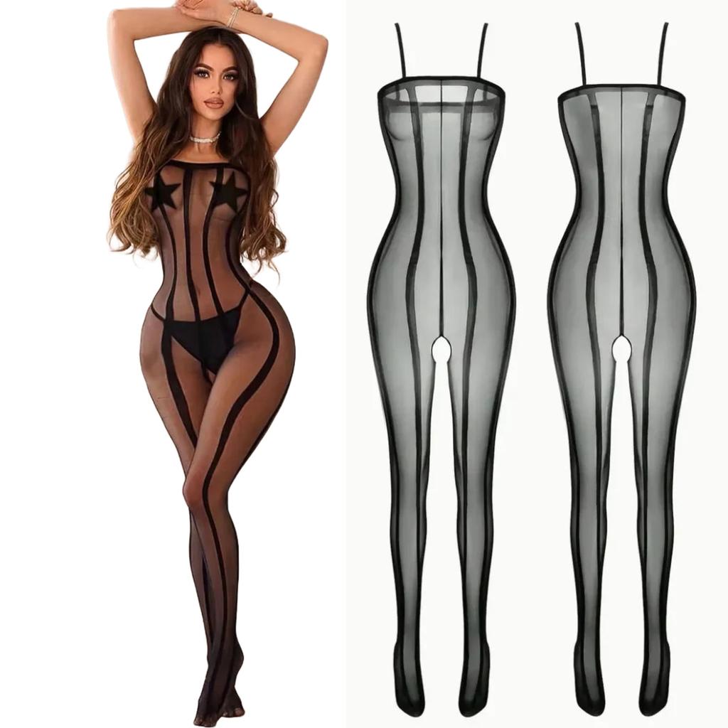Striped One Piece Sexy Women Crotchless Bodystocking For Sex Lace Transparent Lingerie Bodysuit Black Mesh Jumpsuit