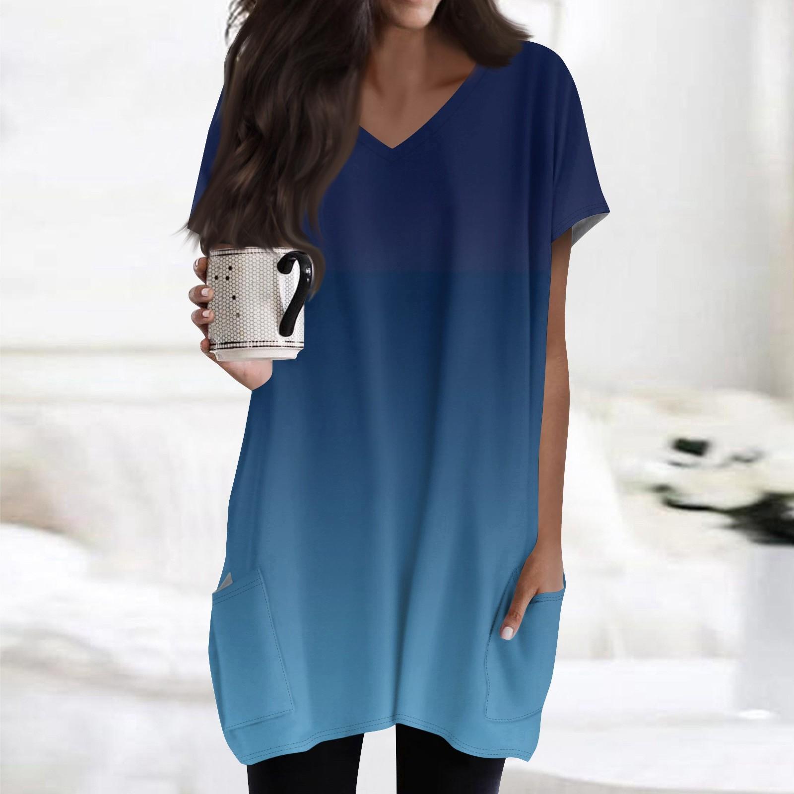 

Жіночі топи з V-подібним вирізом і короткими рукавами, повсякденні сорочки середньої довжини, модні туніки з принтом і кишенями XXXL